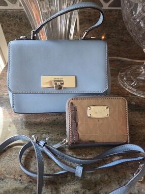 Michael Kors Light Blue Saffiano Mini Satchel With Silver Wallett